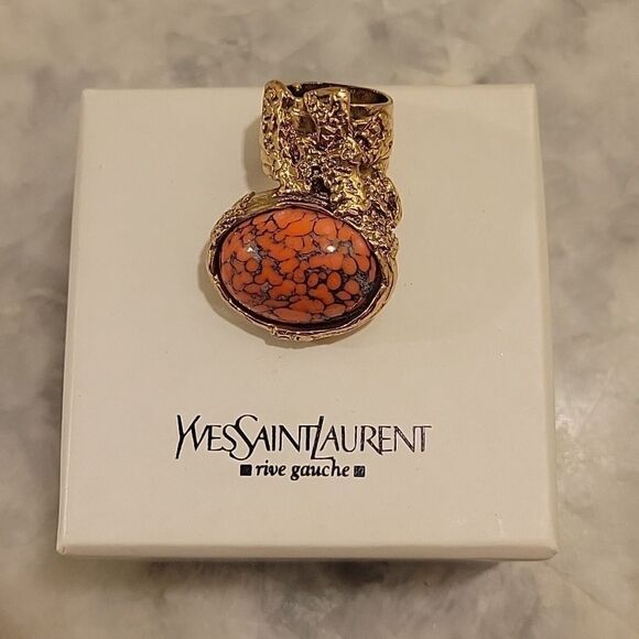 Yves Saint Laurent YSL 5 Arty Orange Coral Cabochon Limited RARE 24k Gold Ring - Picture 5 of 14
